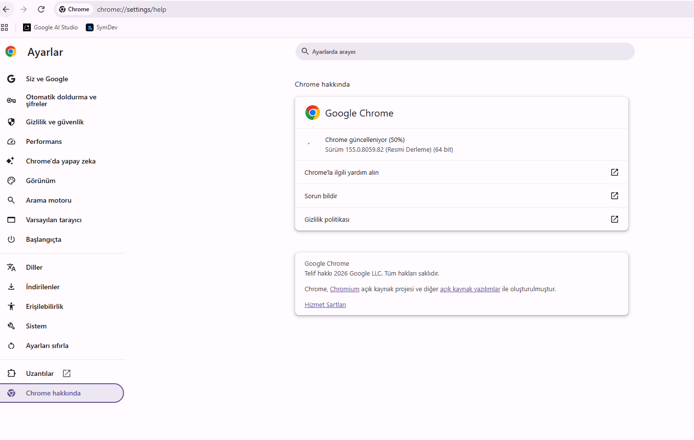 Chrome Ayarlar, Chrome hakkında