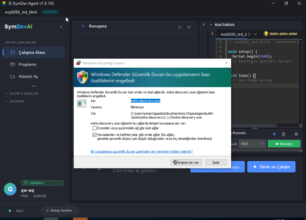 Windows Defender Güvenlik Duvarı uyarısı