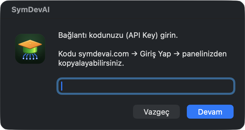 SymDevAI bağlantı kodu penceresi