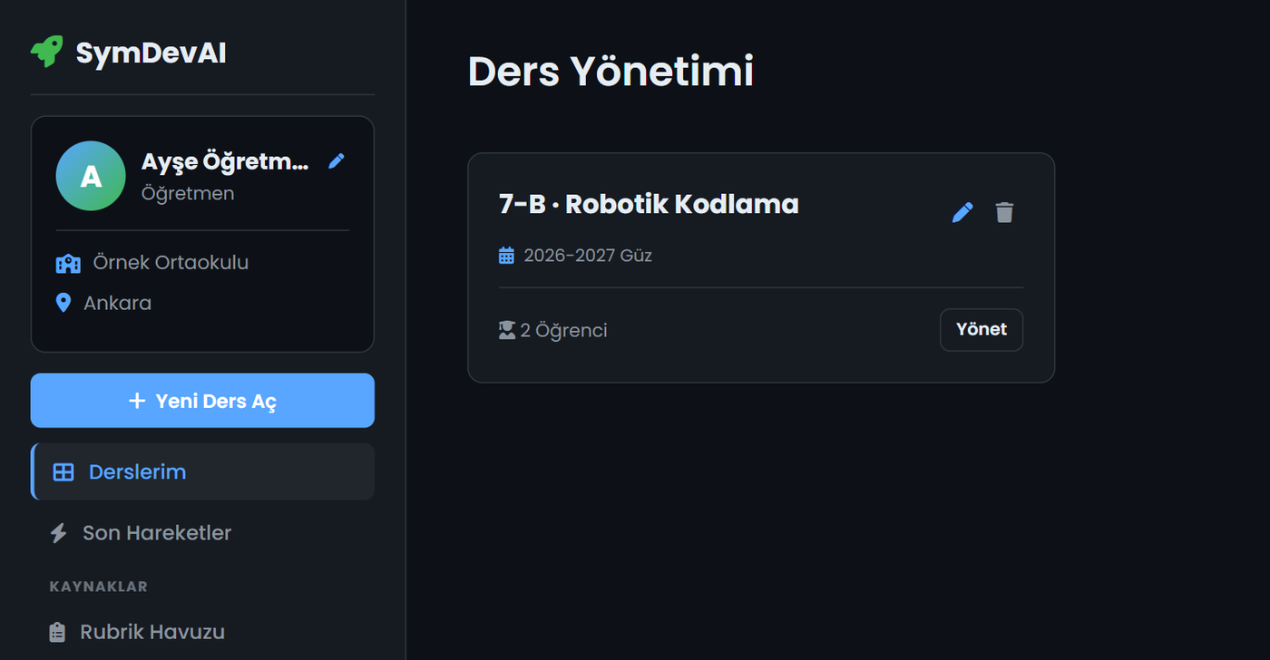 Derslerim ekranı (örnek veriler)