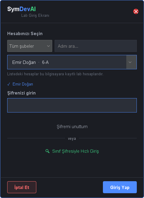 Öğrenci giriş penceresi