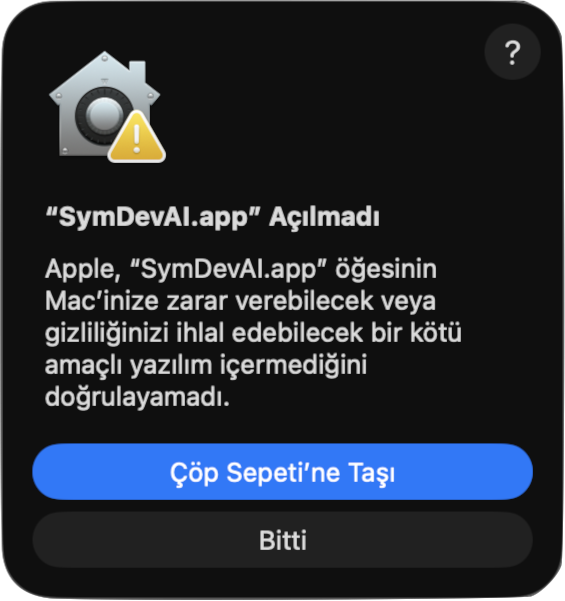 macOS uyarı penceresi