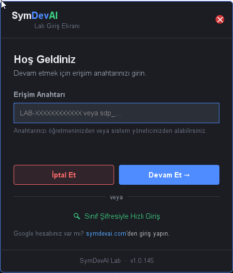 SymDevAI Hoş Geldiniz penceresi